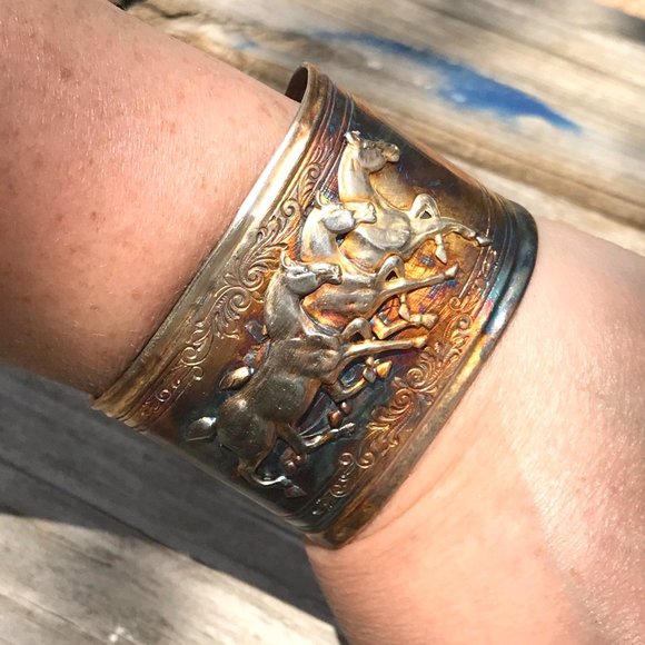 Horse Sterling Silver Wide Cuff Bracelet 925 Handmade Gift Victorian Western - Picture 4 of 10